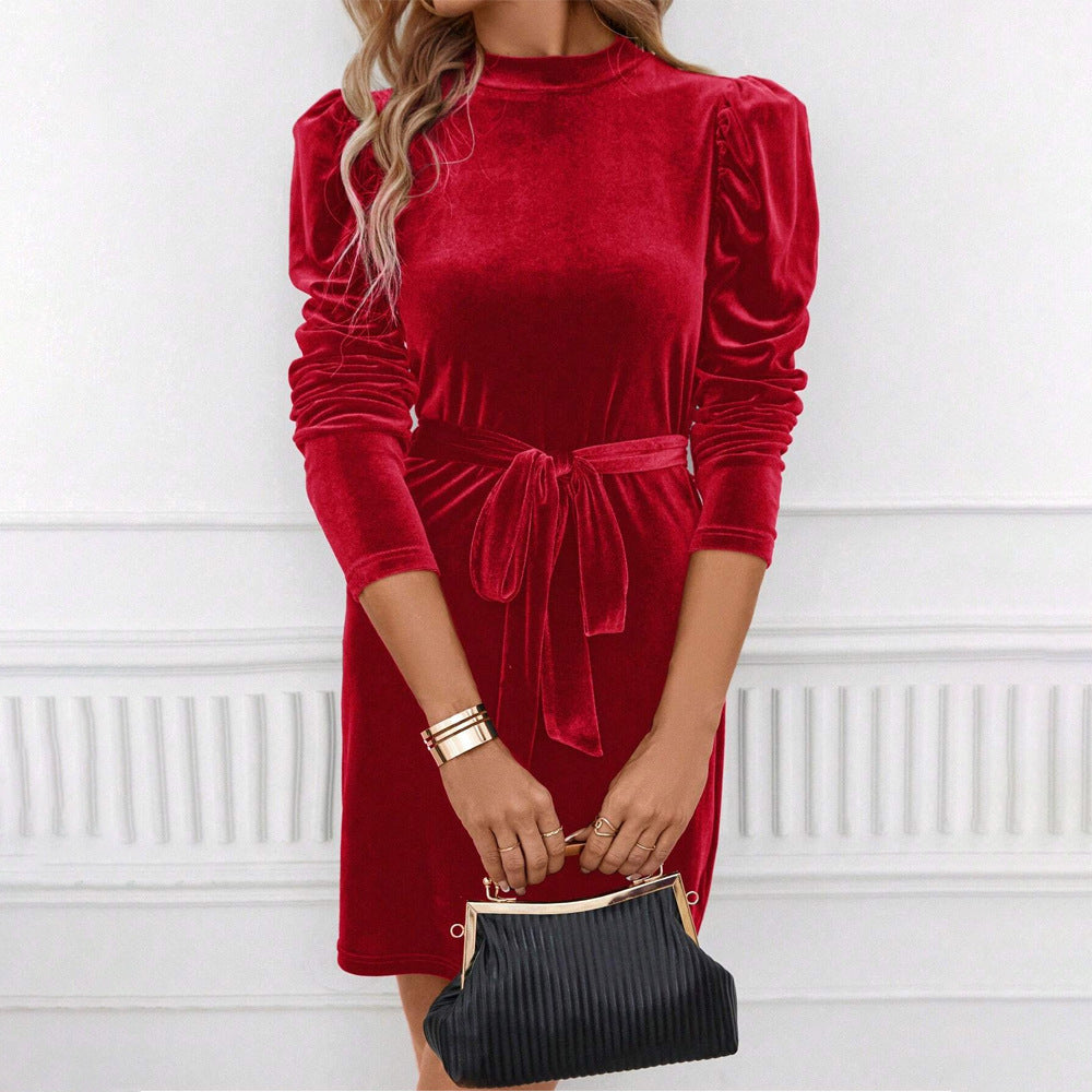Women's Puff Sleeve Velvet Mini Dress with Tie Belt - 4