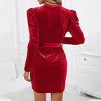 Women's Puff Sleeve Velvet Mini Dress with Tie Belt - 3