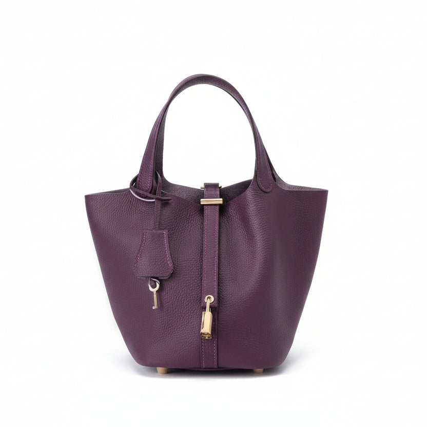 Women's Structured Bucket Bag with Twist-Lock Clasp - Violet Noir