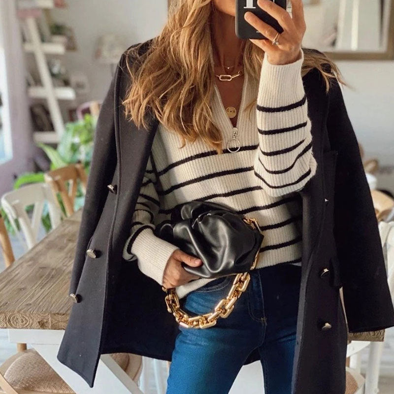 Women's Striped Ribbed Jumper with Zip Neckline - 5