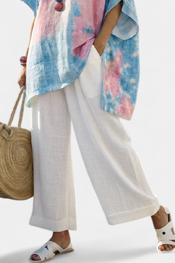 Women's Relaxed Tie-Dye Top with Striped Trousers Set - 3