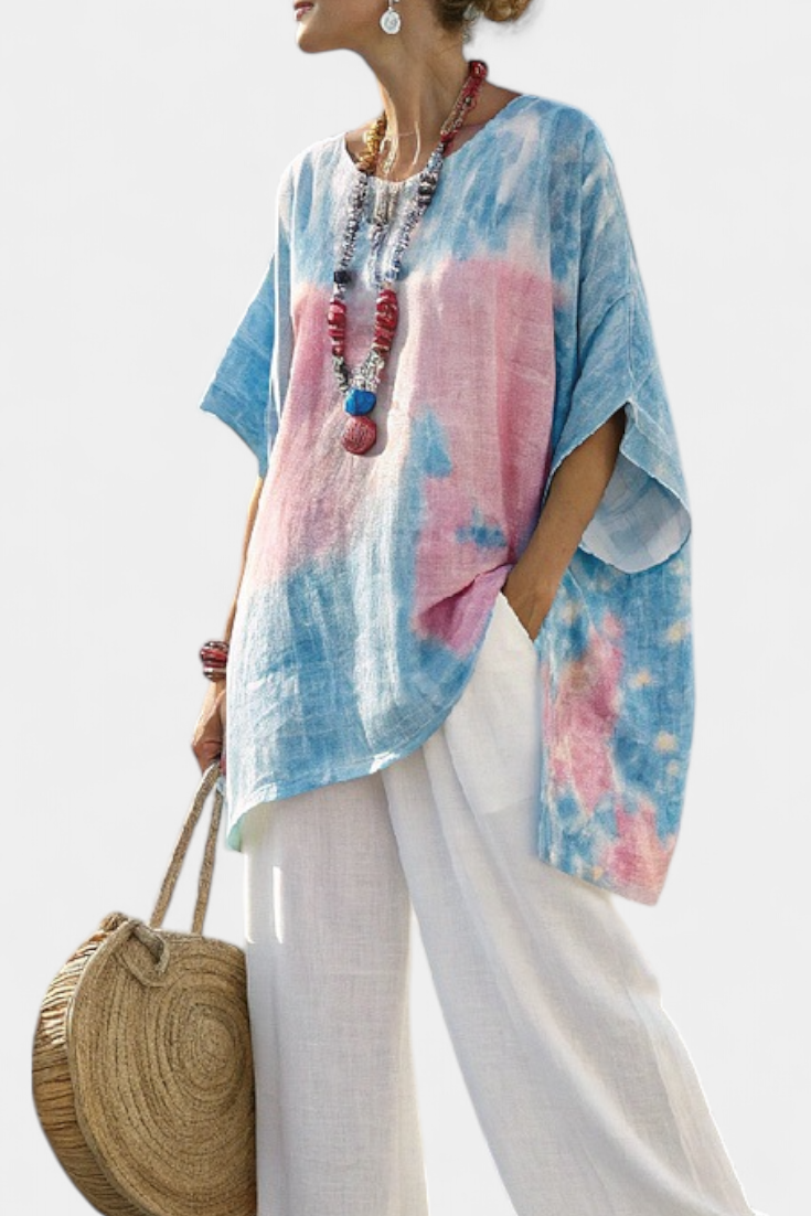 Women's Relaxed Tie-Dye Top with Striped Trousers Set - 2