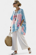 Women's Relaxed Tie-Dye Top with Striped Trousers Set - Floral