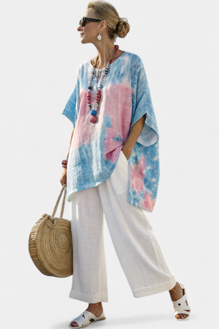 Women's Relaxed Tie-Dye Top with Striped Trousers Set - Floral