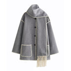 Women's Blanket Cape with Contrast Stitching and Fringe - Light Grey