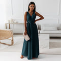 Women's Wrap Maxi Dress Sleeveless with V-Neck and A-Line Skirt - Dark Green
