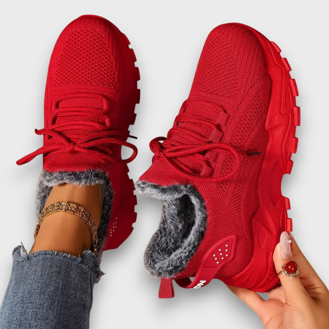 Women's Lace-Up Winter Trainers with Faux Fur Lining - Red