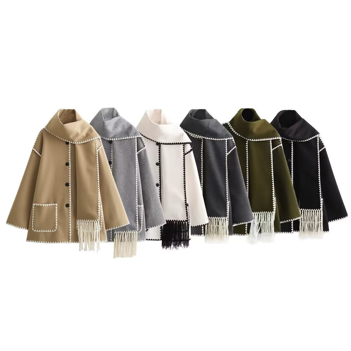 Women's Blanket Cape with Contrast Stitching and Fringe - 10