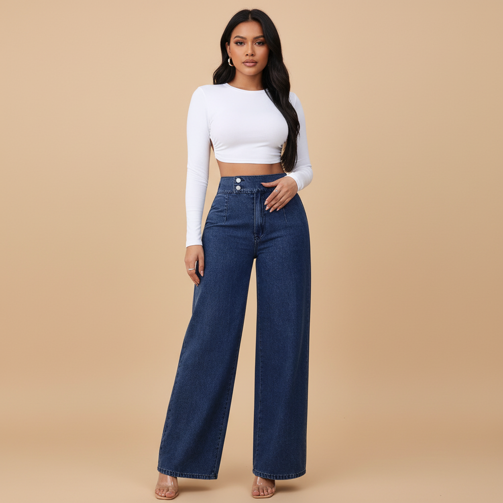 Women's Wide Leg Jeans High Rise with Full Length Silhouette - Dark Blue