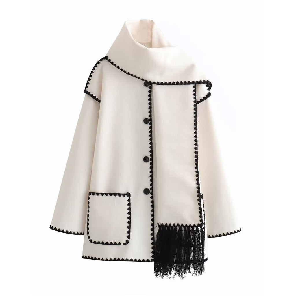 Women's Blanket Cape with Contrast Stitching and Fringe - White