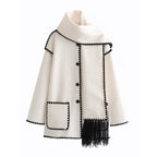 Women's Blanket Cape with Contrast Stitching and Fringe - White