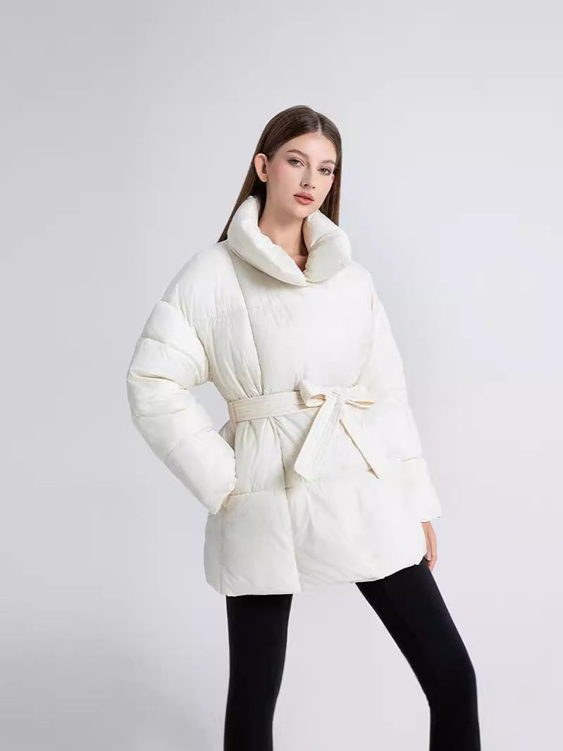 Women's Padded Coat with Belted Waist and Wide Collar - White
