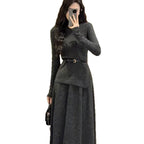 Women's Belted Asymmetric Knit Midi Dress Long Sleeve - 8