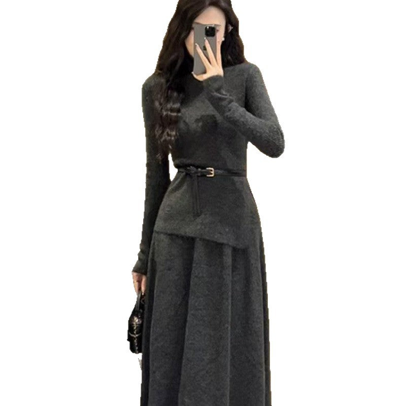 Women's Belted Asymmetric Knit Midi Dress Long Sleeve - 8