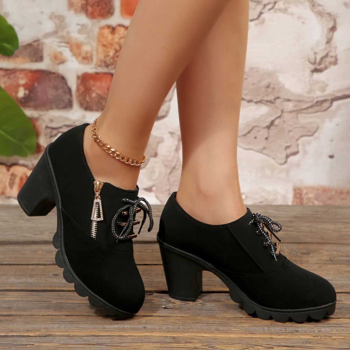 Women's Block Heel Ankle Boots Lace-Up with Side Zip - 6