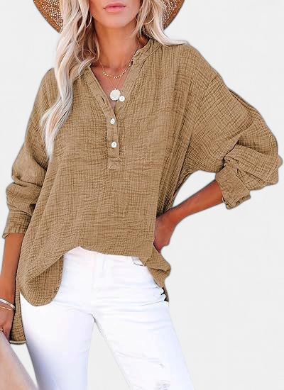 Women's Casual V-Neck Blouse - Khaki