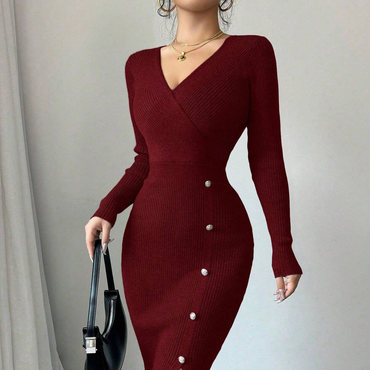 Women's Ribbed Wrap-Style Midi Dress with Button Detail - 7
