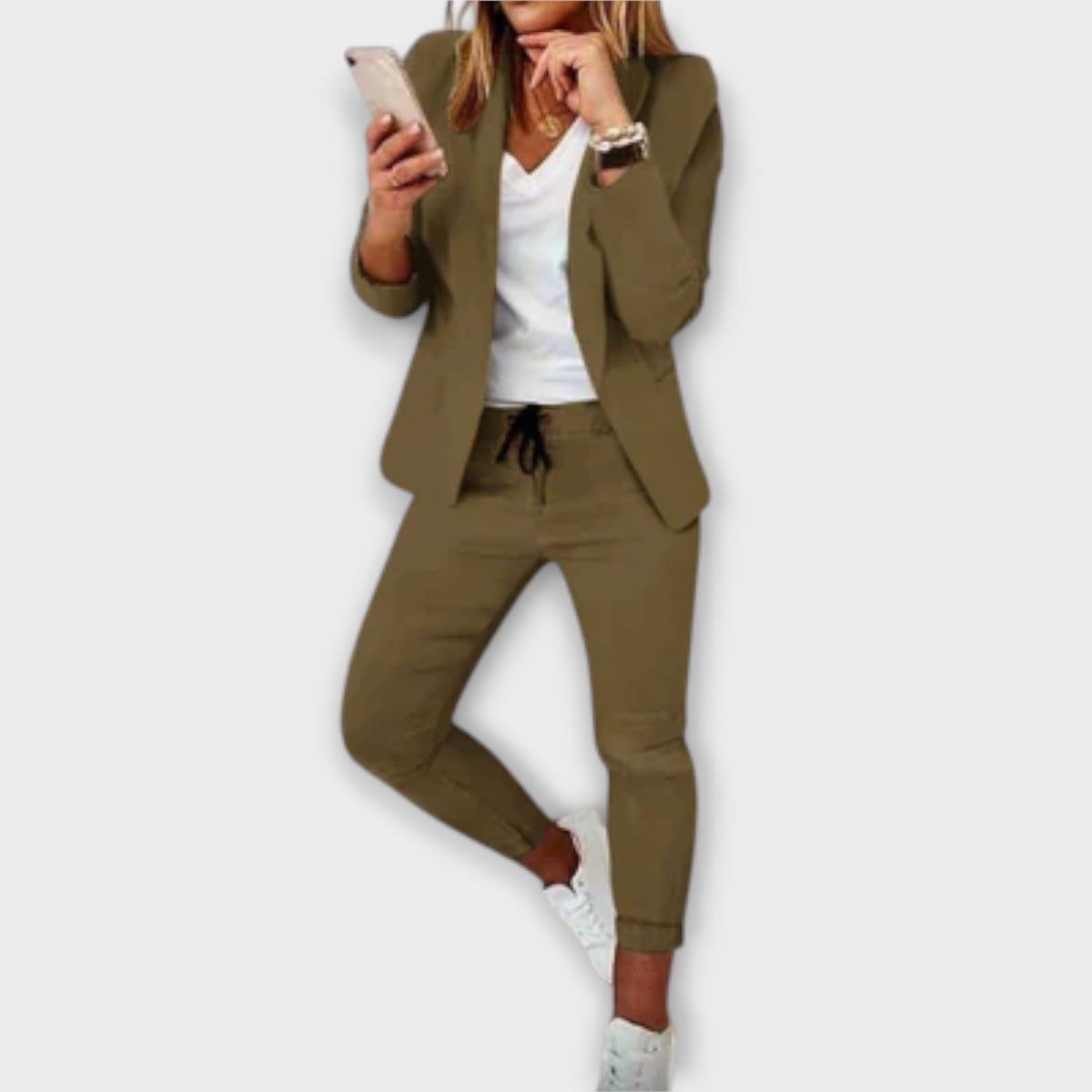 Women's Blazer Set Tailored with Matching Trousers - Army Green