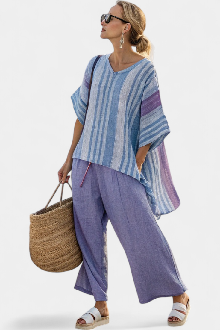 Women's Striped Top and Wide-Leg Trousers Set with V-Neck - Multi-Coloured Stripes