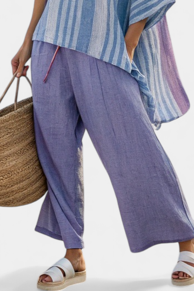 Women's Striped Top and Wide-Leg Trousers Set with V-Neck - 3