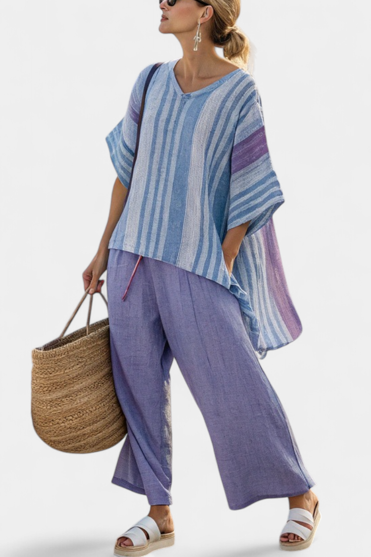 Women's Striped Top and Wide-Leg Trousers Set with V-Neck