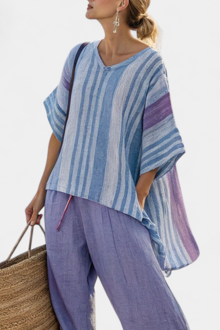 Women's Striped Top and Wide-Leg Trousers Set with V-Neck - 2