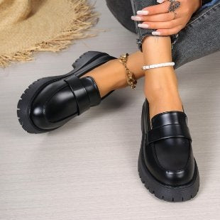 Women's Platform Loafers with Chunky Lug Sole - Black