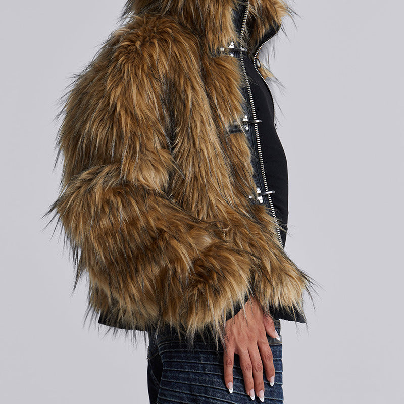 Women's Faux Fur Hooded Jacket with Toggle Closures - 5