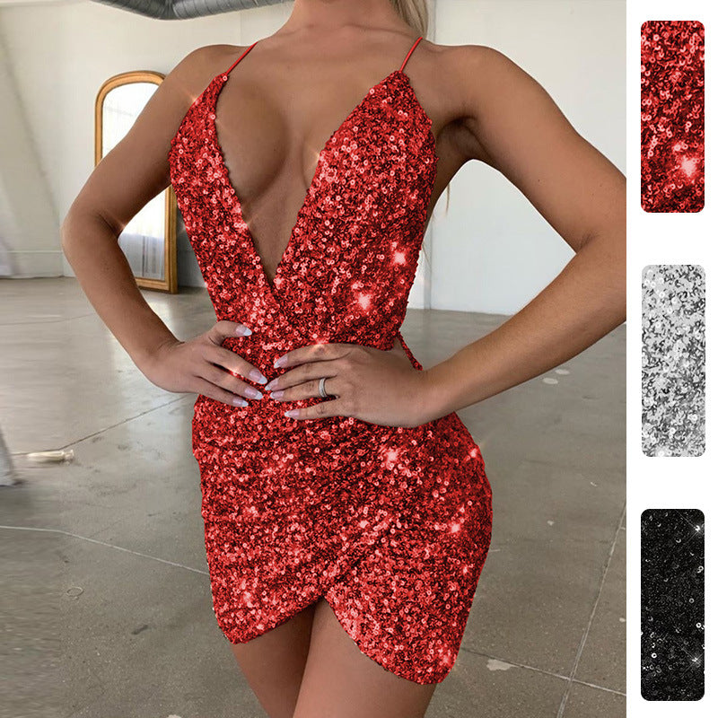 Women's Sequin Deep V-Neck Mini Dress with Wrap Skirt - 2