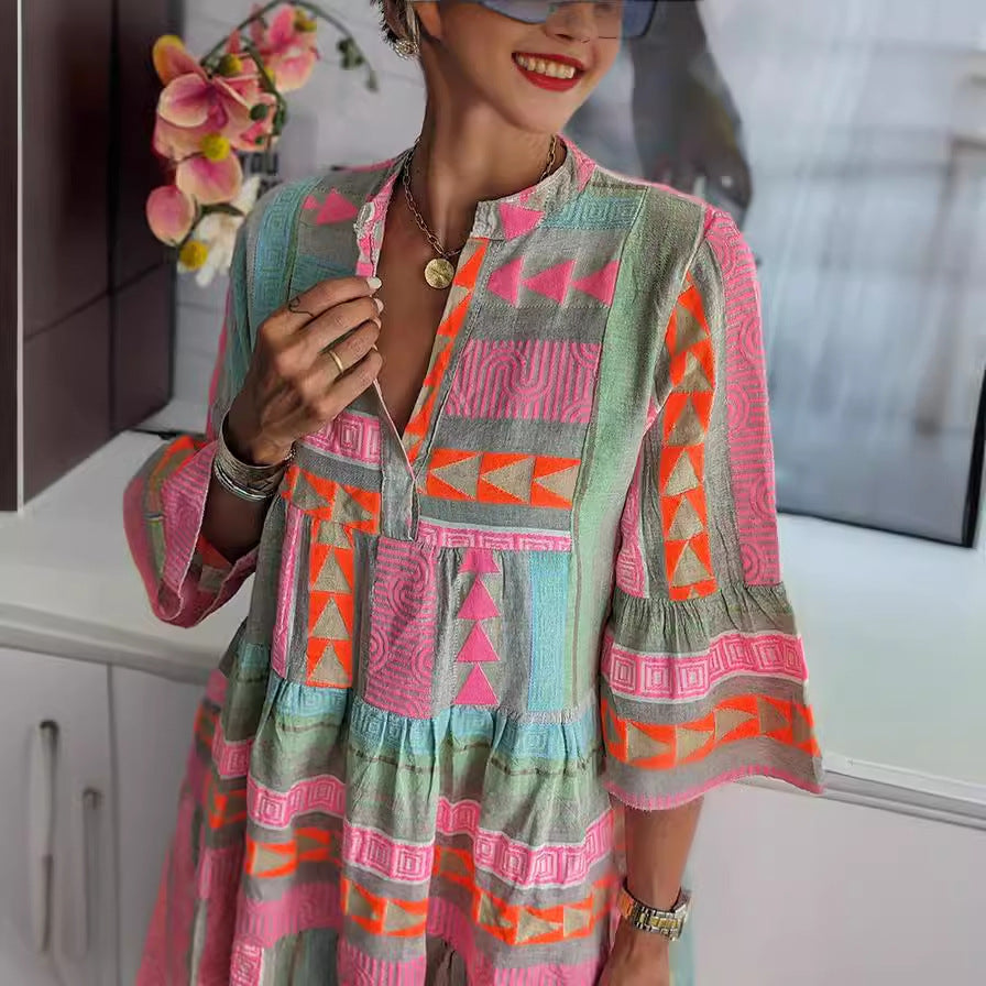Women's Boho Dress with Tiered Silhouette and Bell Sleeves - 1