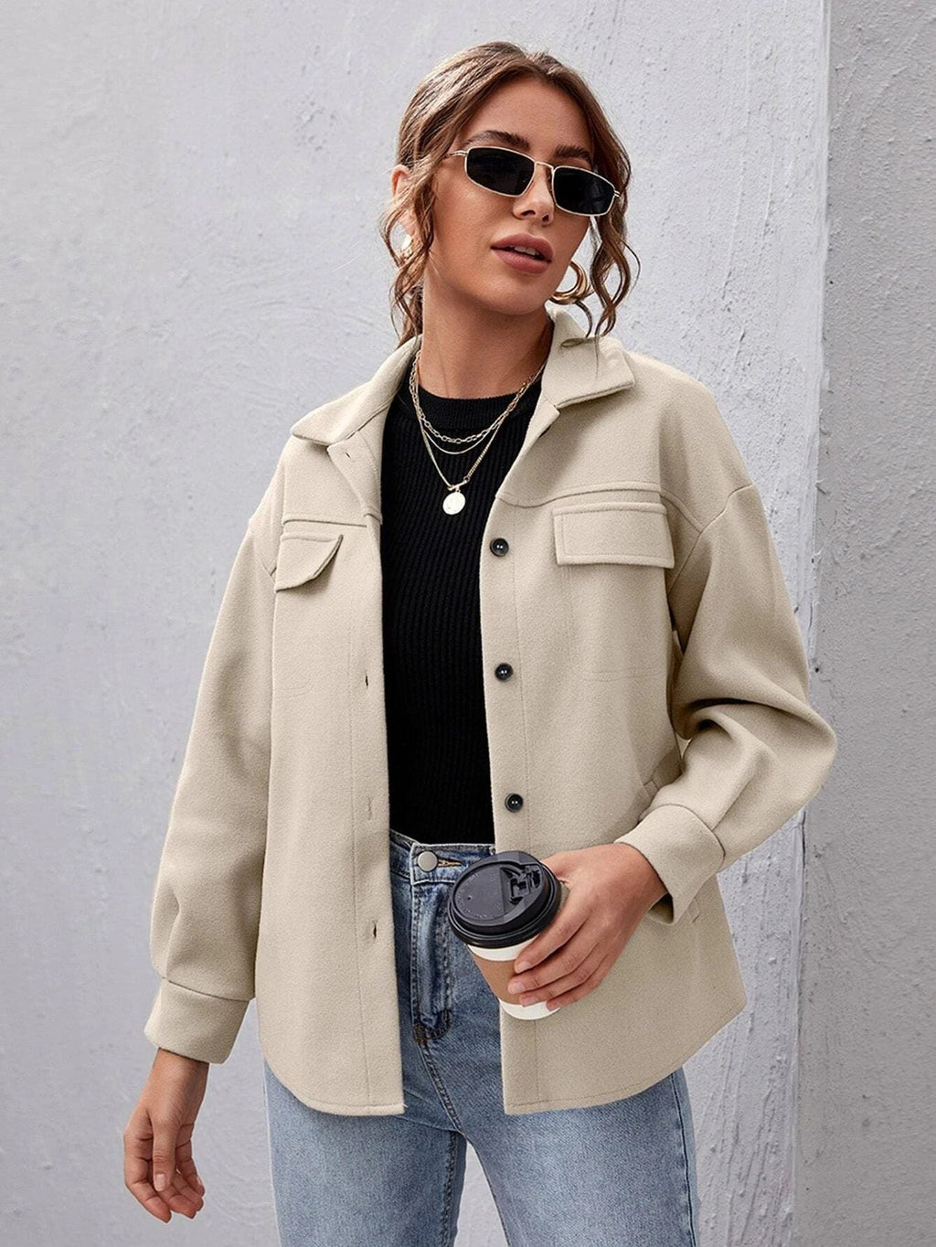 Women's Oversized Shirt Jacket with Collar and Pocket Detail - Beige