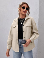 Women's Oversized Shirt Jacket with Collar and Pocket Detail - Beige