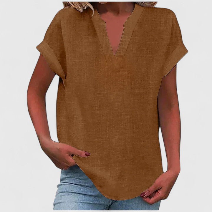 Women's Blouse Relaxed Fit with Notched V-Neck and Rolled Sleeves - Brown
