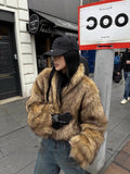 Women's Faux Fur Hooded Jacket with Toggle Closures - Light Brown