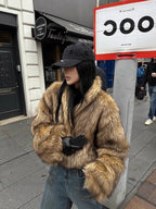 Women's Faux Fur Hooded Jacket with Toggle Closures - Light Brown