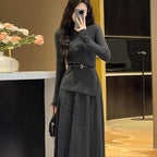 Women's Belted Asymmetric Knit Midi Dress Long Sleeve - 4