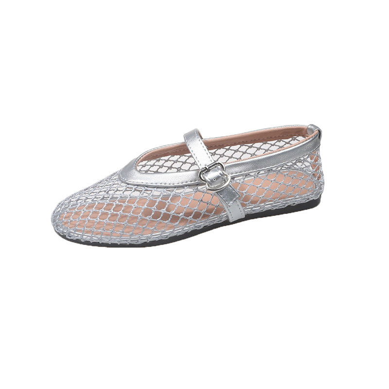 Women's Mesh Mary Jane Ballet Flats with Strap Closure - Silver