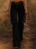 Women's High Waist Flare Jeans with Side Fringe Detail - Black