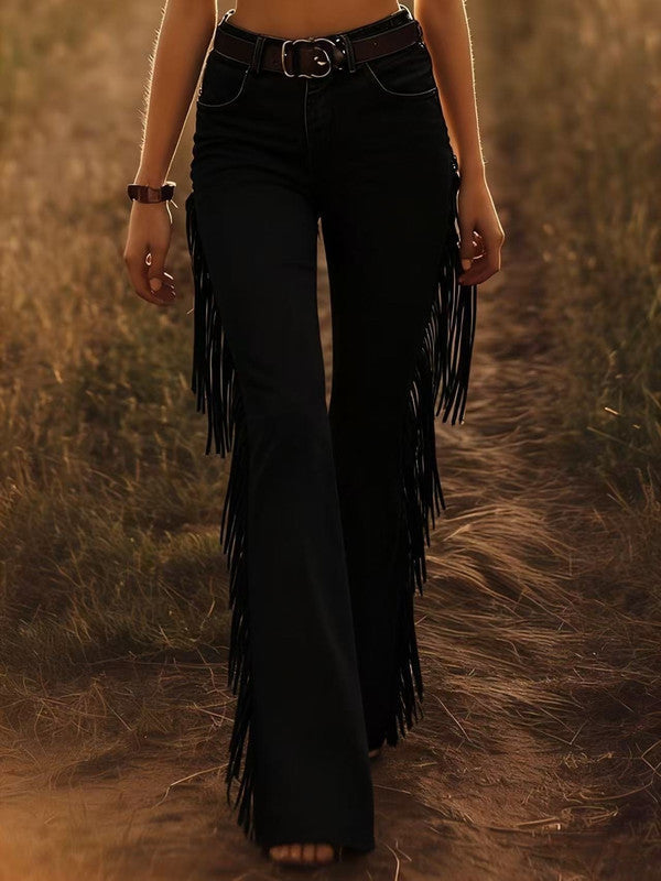 Women's High Waist Flare Jeans with Side Fringe Detail - Black