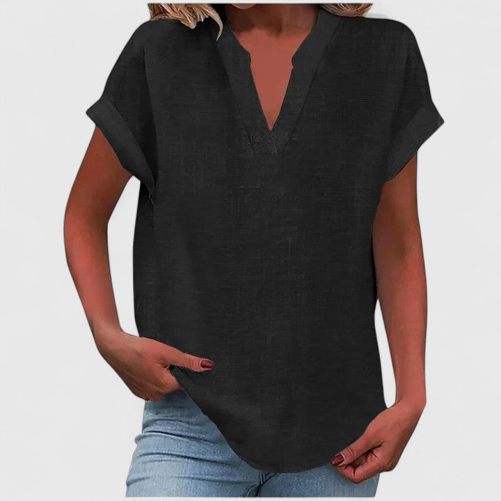 Women's Blouse Relaxed Fit with Notched V-Neck and Rolled Sleeves - Black