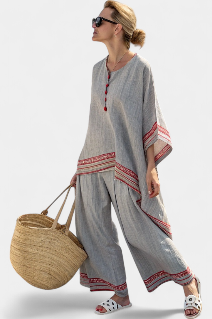 Women's Asymmetrical Blouse and Wide-Leg Trousers Set with Embroidered Trim - Red Stripe