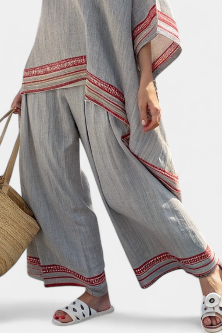 Women's Asymmetrical Blouse and Wide-Leg Trousers Set with Embroidered Trim - 3