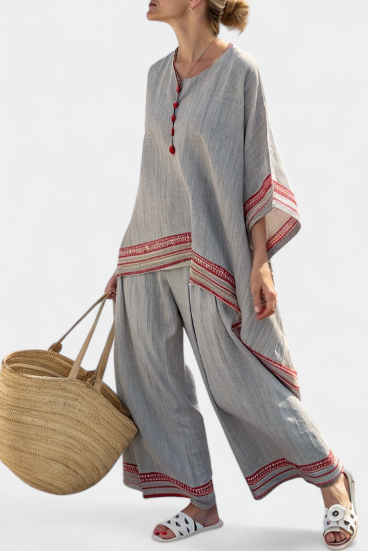 Women's Asymmetrical Blouse and Wide-Leg Trousers Set with Embroidered Trim