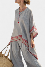 Women's Asymmetrical Blouse and Wide-Leg Trousers Set with Embroidered Trim - 2
