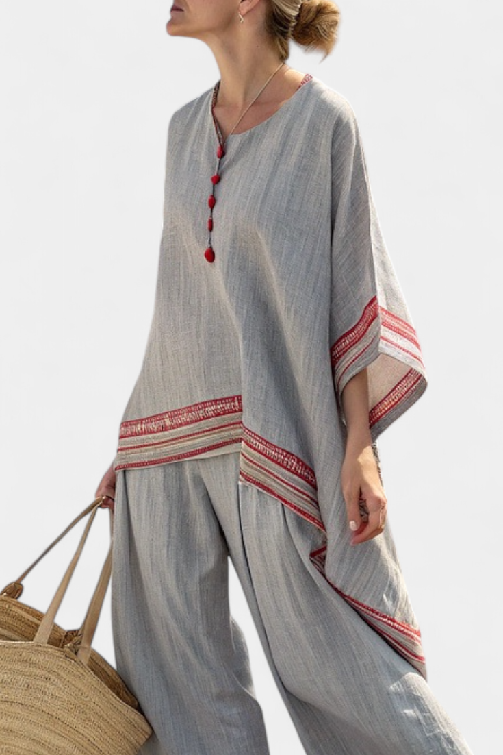 Women's Asymmetrical Blouse and Wide-Leg Trousers Set with Embroidered Trim - 2