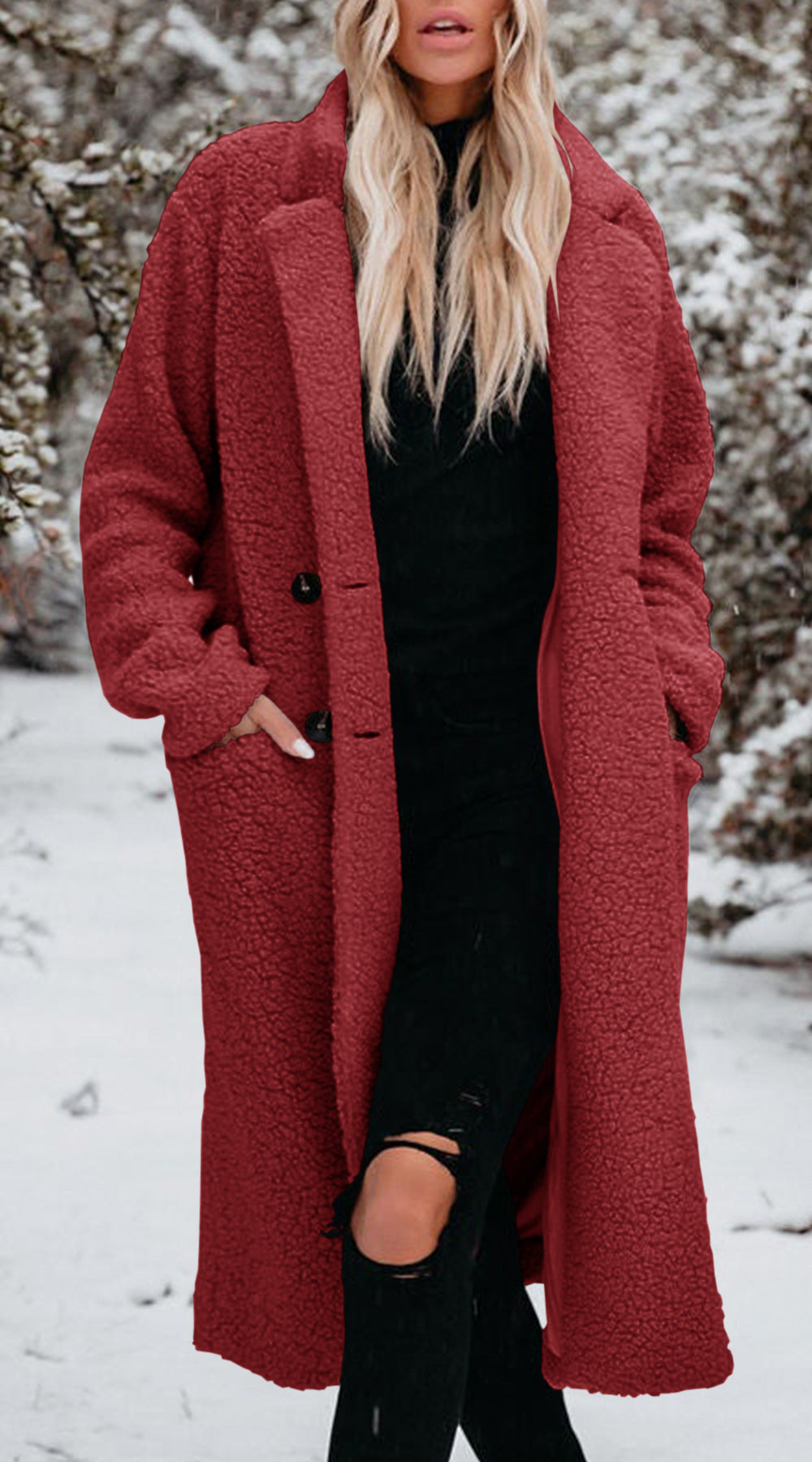 Women's Long Teddy Coat with Button Front Closure - Red