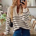 Women's Striped Ribbed Jumper with Zip Neckline - Beige