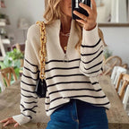 Women's Striped Ribbed Jumper with Zip Neckline - Beige
