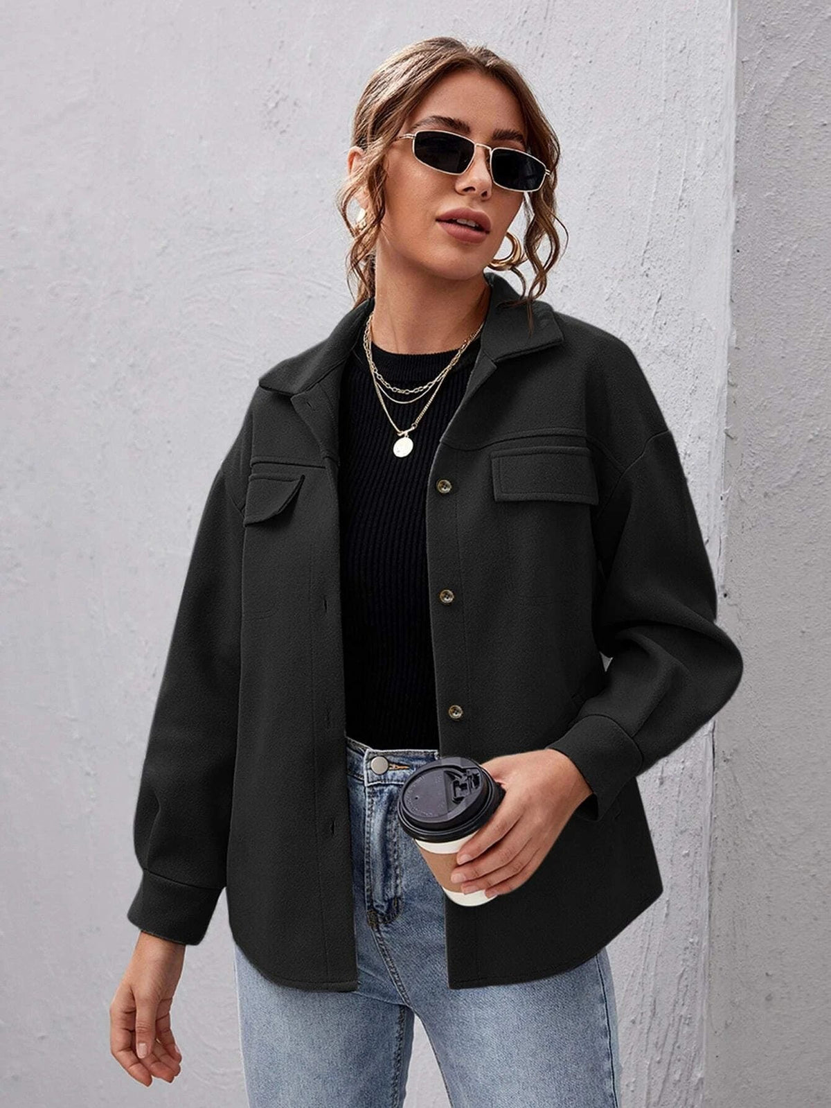 Women's Oversized Shirt Jacket with Collar and Pocket Detail - Black