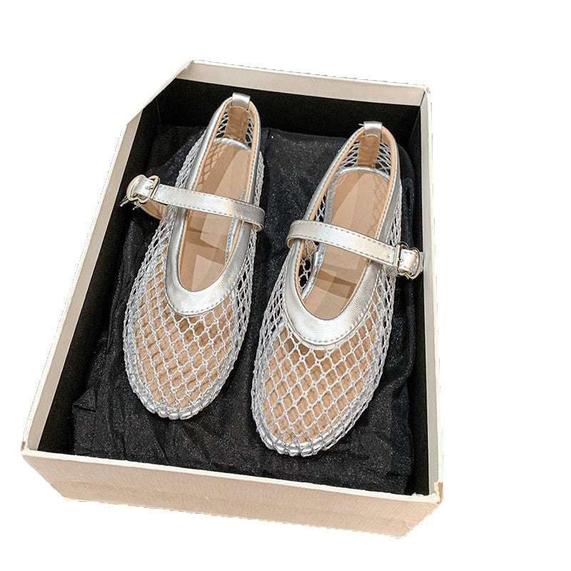 Women's Mesh Mary Jane Ballet Flats with Strap Closure - 10